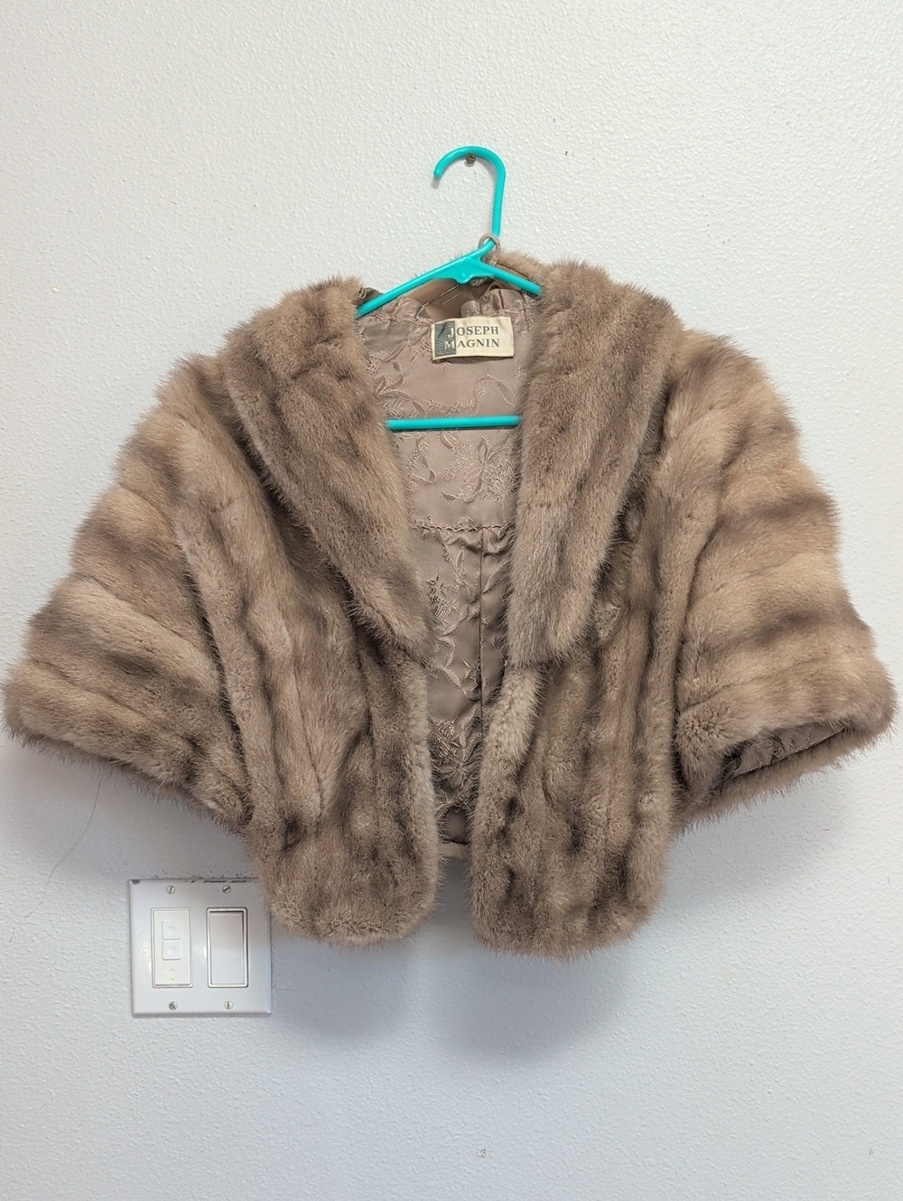 Joseph Magnin Taupe Fur Shrug Cape Jacketand Hat
